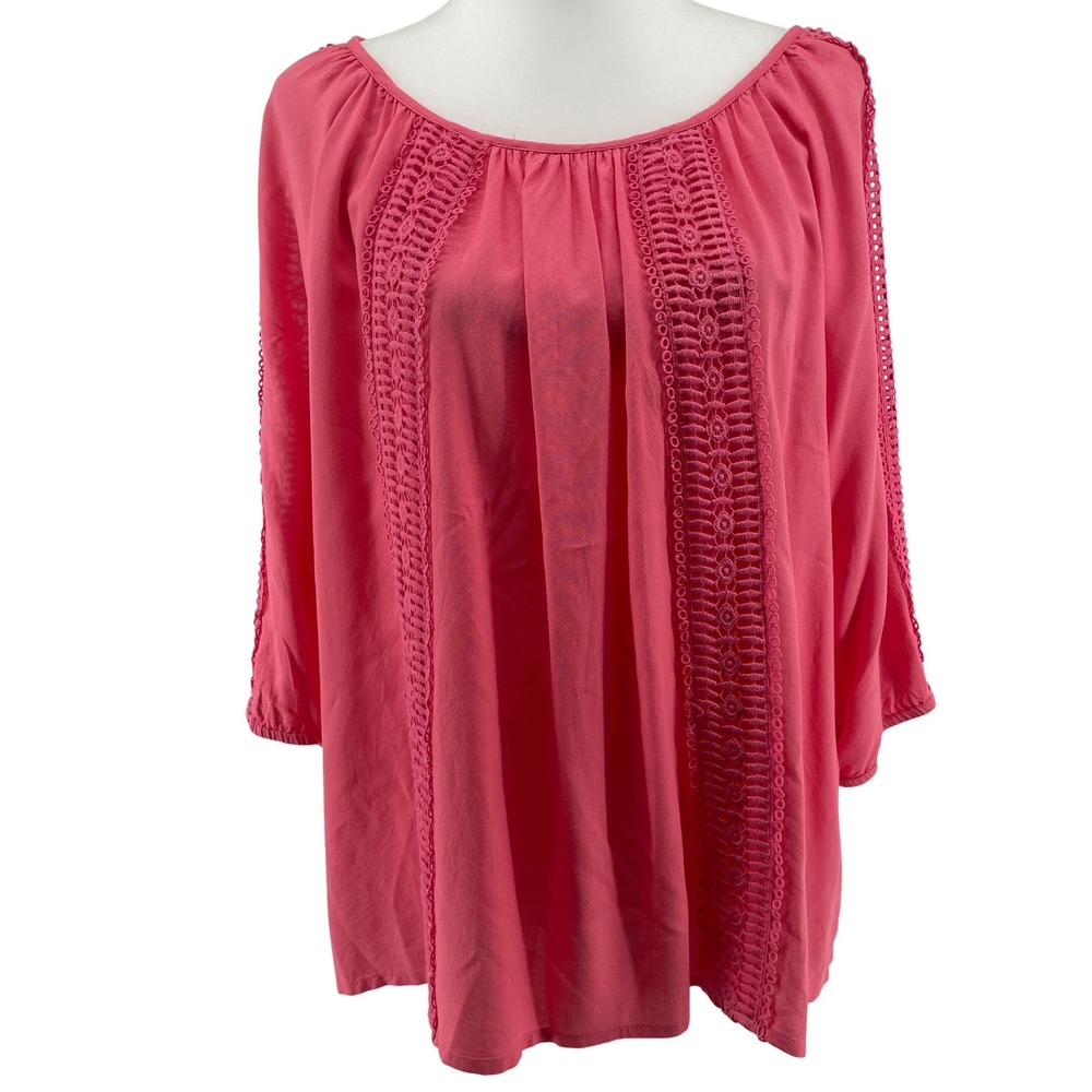 Crochet Trim Peasant Top Womens XL Petite Pink Cottage Country Romantic Boho